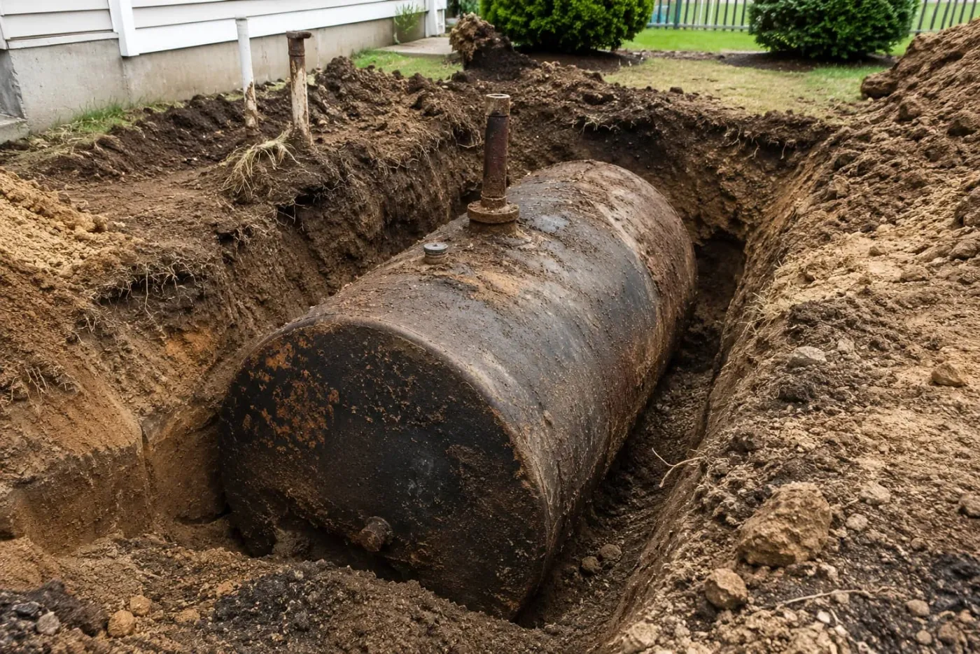 Rusted steel underground fuel tank uncovered in an open excavation beside a house
